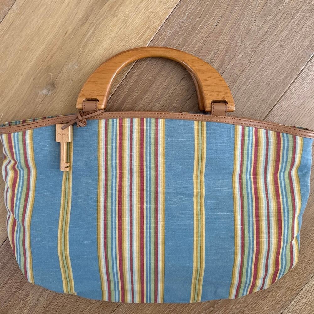 Vintage Striped Fossil Bag With Wood Handles